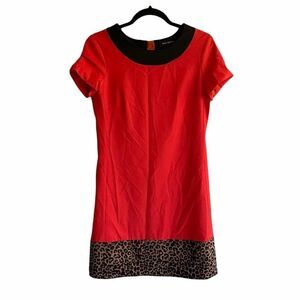 PINK TARTAN Wool Short Sleeve Mini Shift Dress Red Leopard Print 2